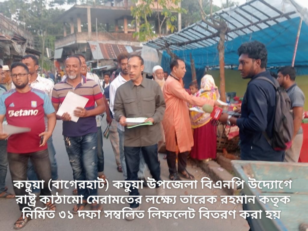 কচুয়ায় বিএনপির পক্ষ থেকে ৩১ দফা সম্বলিত লিফলেট বিতরণ